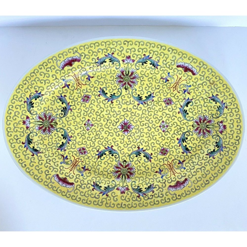 1972 Chinese Famille Juane Yellow Floral Enamel Jingdezhen Oval China Dish 16”